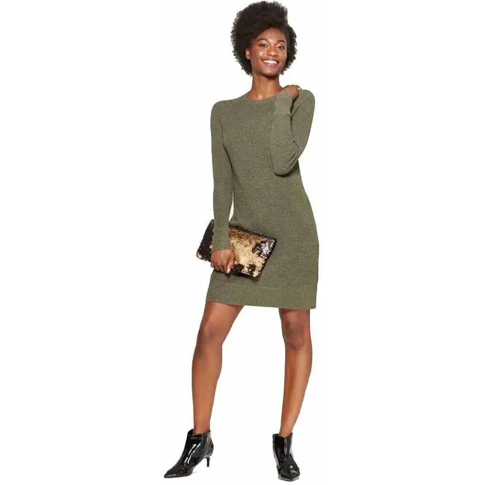 A New Day Olive Green Waffle Knit Long Sleeve Crew Neck Sweater Dress L